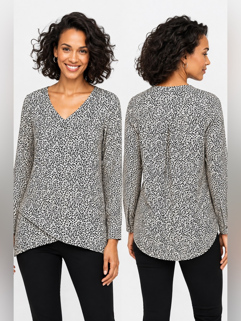 Chelsea & Theodore Size L Blouse Top Animal Leopard Print V-neck Long Sleeves